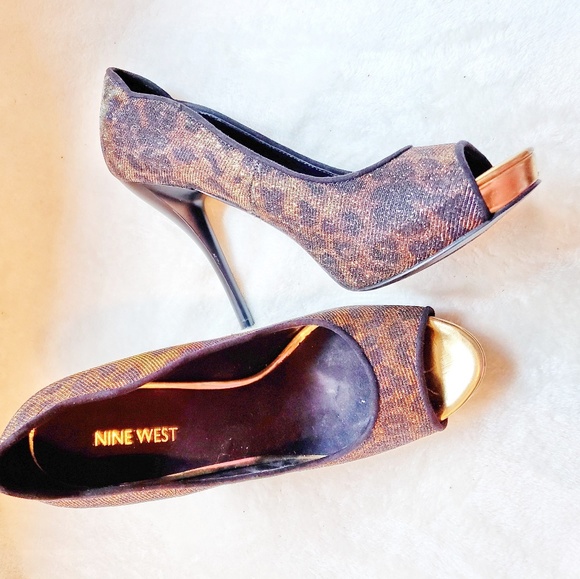 Nine West glitter gold bronze cheetah peep toe - Picture 2 of 5